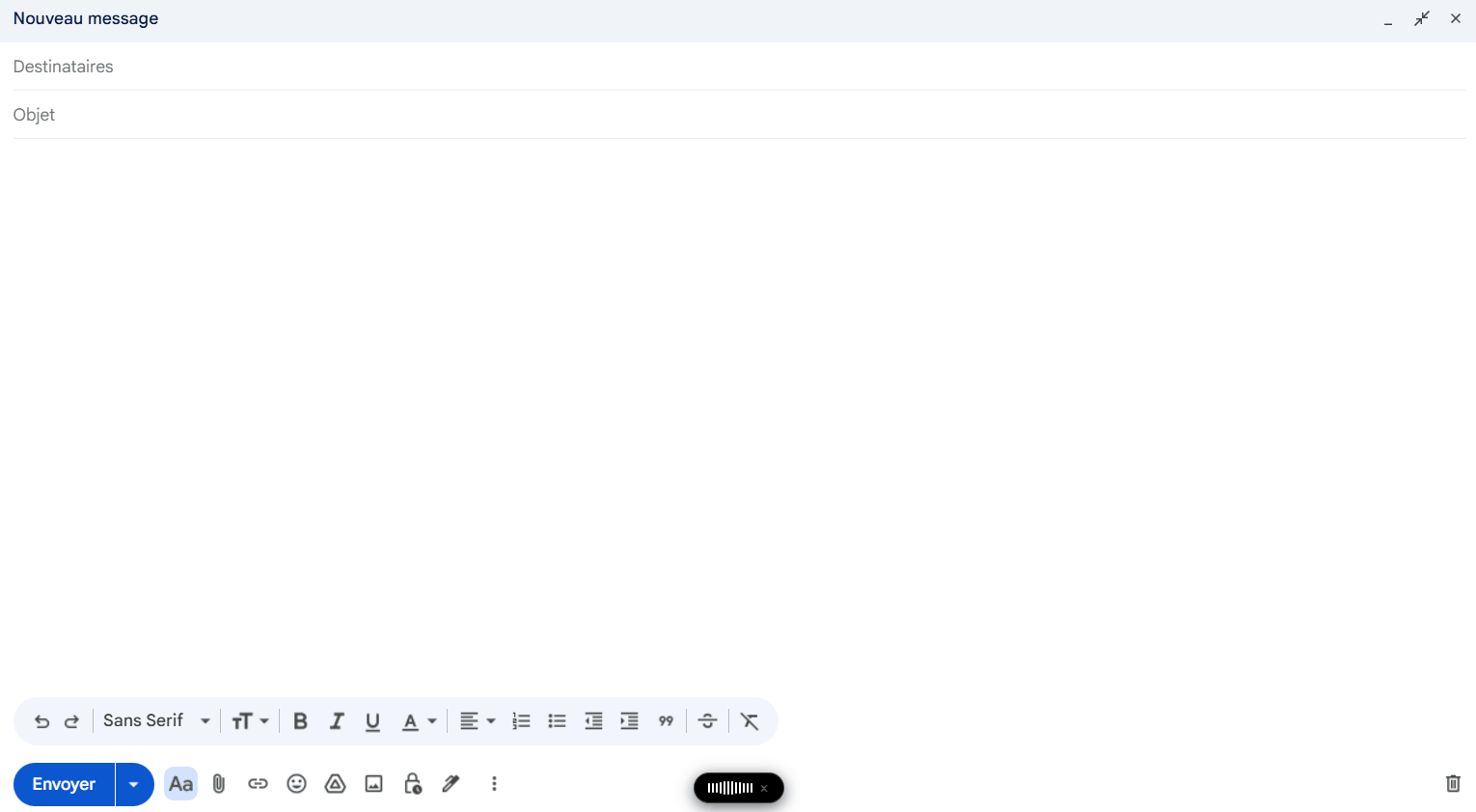 Dictée vocale dans une fenêtre de rédaction Gmail avec Fast Dictate, avec l'overlay d'enregistrement en bas de l'écran