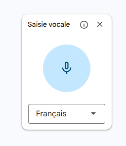 Le panneau Saisie vocale de Google Docs, avec le bouton microphone et le s&eacute;lecteur de langue de dict&eacute;e
